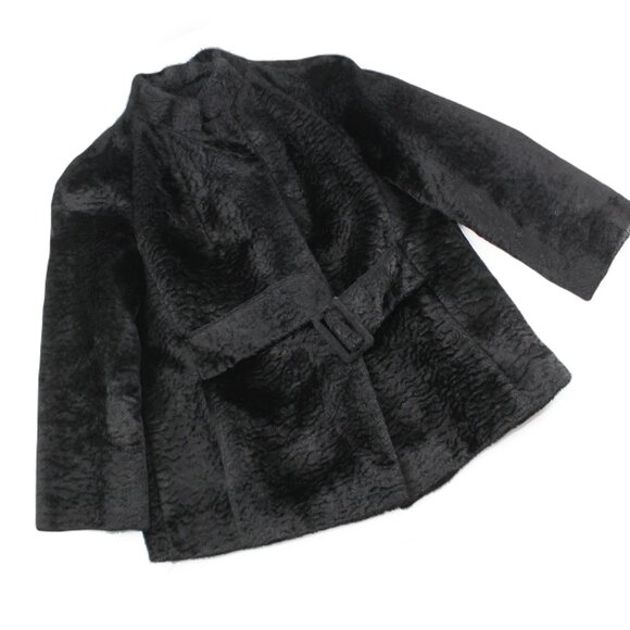 VTG 50s 60s Faux Fur Jacket Black Belted Satin Lined Stand Collar Swing Coat M - Picture 9 of 16
